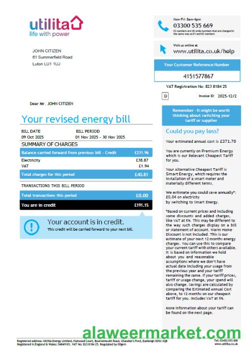 United Kingdom Utilita Energy utility bill template in Word and PDF formats